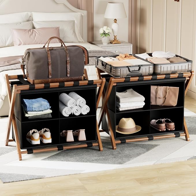 Bamboo Luggage Rack 2 Pack with 4 Storage Compartments, Foldable Suitcase Stand for Guest Room, 150lbs Capacity, Sturdy, Space-Saving and Easy to Assemble Organizer - Image 2