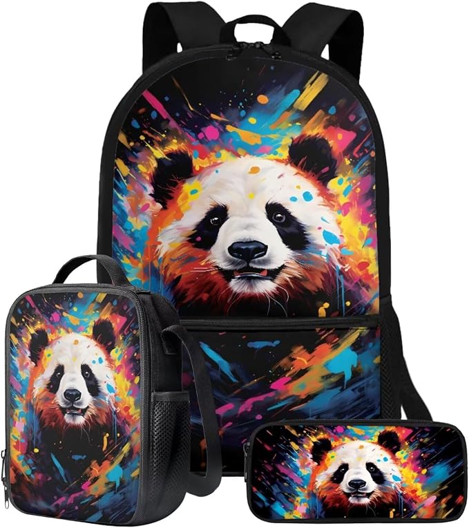 Splatter Oil Panda Print Backpack Set Large Capacity Bookbag Lunch Box Pencil Case College Book Bag with Zipper Pockets 17 Inch Travel Bag Student Rucksack Daypack by ZIATUBLES