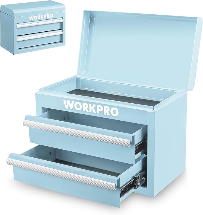 WORKPRO Metal Mini Tool Box with 2 Drawers and Top Storage | Cold Rolled Steel Toolbox, Ball Bearing Slides, PVC Drawer Liners, PP Feet Pads, Durable Storage by WORKPRO