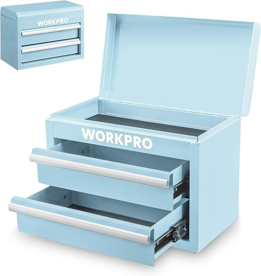 WORKPRO Metal Mini Tool Box with 2 Drawers and Top Storage | Cold Rolled Steel Toolbox, Ball Bearing Slides, PVC Drawer Liners, PP Feet Pads, Durable Storage by WORKPRO