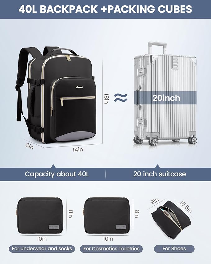 LOVEVOOK 40L Travel Backpack Flight Approved Carry on Backpack,3 Packing Cubes,Waterproof Personal Item Travel Bag,TSA Carry on Luggage Suitcase Travel Essentials,Gifts for Women & Men,fits 17" Laptop - Image 5