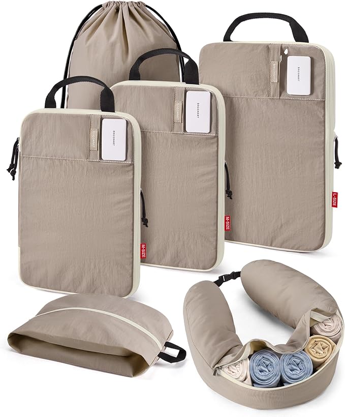 BAGSMART 6 Set Compression Packing Cubes Travel Essentials with Neck Pillow | Premium taslan organizer bags for budget airline carry-ons, luggage, suitcases, closets, cruises by BAGSMART