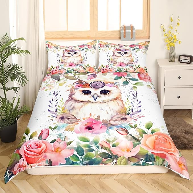 Girls Cute Cartoon Animal Owl Print Duvet Cover Queen Size - 3 Pcs Bedding Set With Pink Flower Branch Spring Theme 3D Watercolor Owl Comforter Cover - Image 4