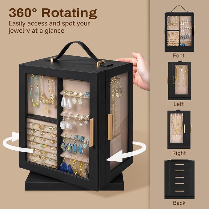 360° Rotating 5‑Drawers Jewelry Box with Top Handle & Glass Window, Spacious Vertical Jewelry Organizer, Jewelry Storage Case, Dustproof & Moisture‑resistant Design, Black - Image 5