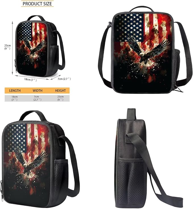 Vintage American Flag Eagle Print Backpack Set Kids Bookbag Primary School Large Daypack with Lunch Bag and Pencil Bag, Elementary Students July 4th Knapsack for Teens Girls - Image 6