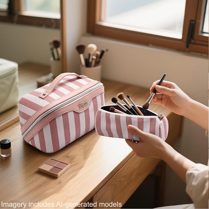 BOYATU Travel Makeup Bag Cosmetic Bag for Women: 3 Pcs Set Striped Make up Bag with Compartments - Waterproof Vegan Leather Toiletry Bags with Handle - Makeup Organizer for Travel Essentials(A-3-Pink) - Image 7