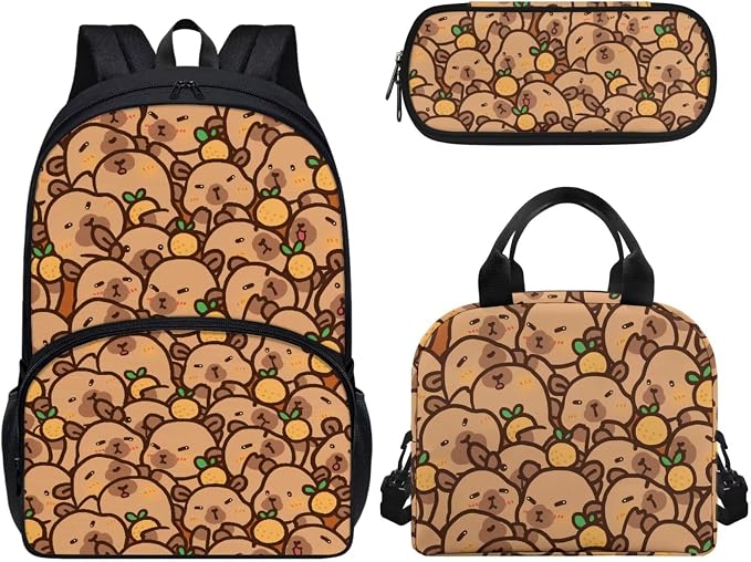 3Pcs Capybara Print Backpacks Set for school, Kids Bookbag Students Knapsack with Insulated Lunch Box Pencil Case for Teens Girls by CndexdWearfunPrintjoy