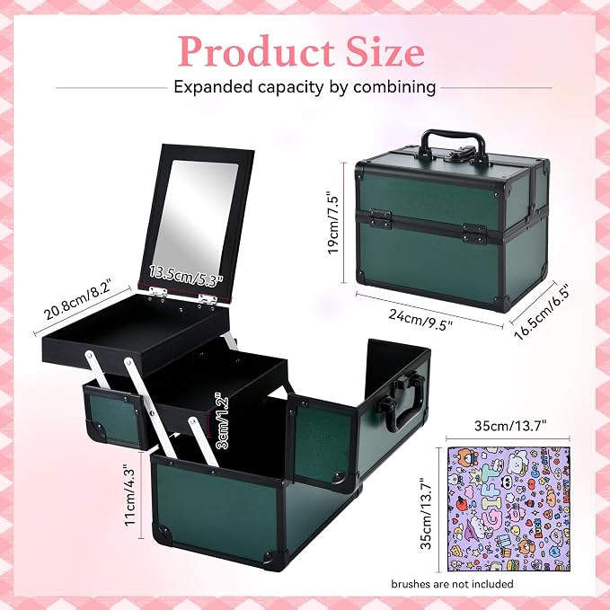 Makeup Train Case, Portable Makeup Case with Mirror, 2-Trays Cosmetic Organizer Case,Nail Polish Organizer, Travel Makeup Box, Profesional for Salon Barber, Green - Image 3