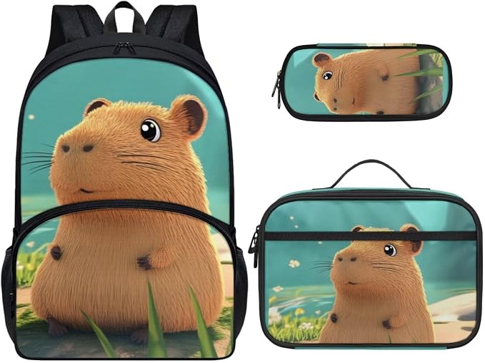 Capybara Bookbag for School Girls Lunch Box Primary School Student Backpack with Lunchbox and Pencil Case Ages 6-8 Kids Cute Backpacks Lunch Bag Set of 3 by Dremagia