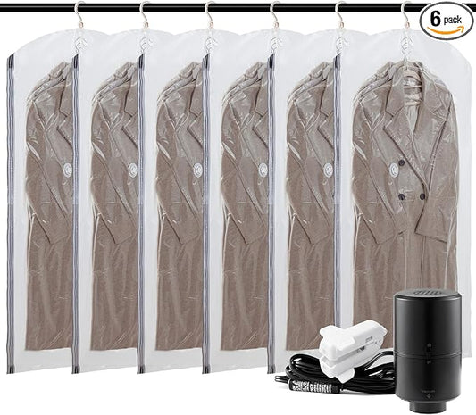 TAILI Hanging Vacuum Sealer Suction Space Saver Storage Bags for Clothes Travel with Electric Air Pump And Rolling Slide Clip for Coats, Closet Organizers, 6 Long by TAILI