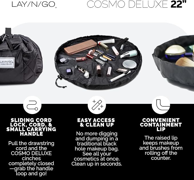 Lay-n-Go Cosmo Layflat Cosmetic & Makeup Bag Organizer - Portable Drawstring Bag w/Zipper Pocket, Brush Storage Loops & More - Durable, Machine Washable Toiletry Bag for Travel (22", Black) - Image 3
