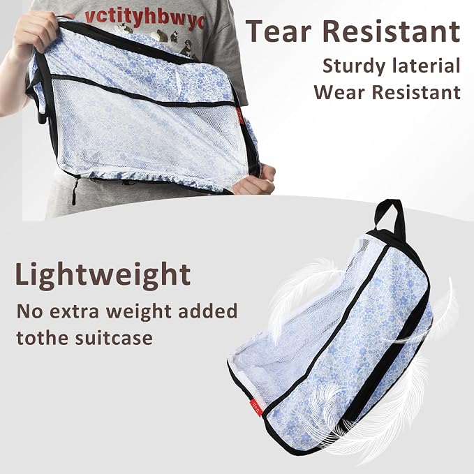 U+U 8 Set Compression Packing Cubes - Ultralight Travel Organizers with Laundry Bag and Cosmetic Bag, Space-Saving Suitcase Organizer for Travel, Business Trip and Family Vacation (Blue Flower) - Image 5