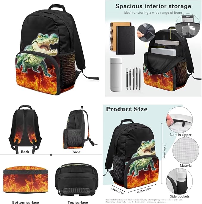 Flame Crocodile Boys School Backpack with Lunch Box Bag Kindergarten School Supplies for Kids Ages 6-10 Boys Polyester Fabric Lightweight Fortable Back to School Backpack Gift - Image 7