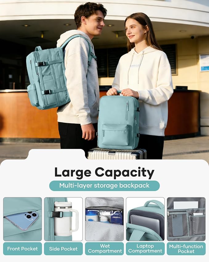 Vacuum Backpack Travel with Pump Carry on Luggage Flight Approved Essentials Personal Item Travel Bag with Vacuum System Waterproof Compression Backpack for Women Men Mochila de Viaje Light Blue - Image 5