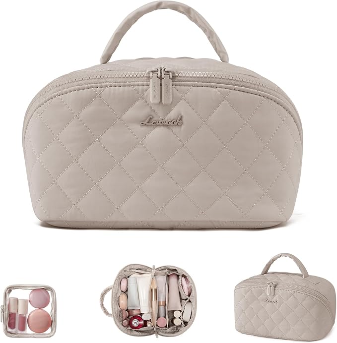 LOVEVOOK Travel Makeup Bag for Women, 2Pcs Puffer Waterproof Cosmetic Organizer, Large Capacity Pouch Open Flat Small Toiletry Bag with Brush Compartment & Handle (Light khaki, Large) by LOVEVOOK