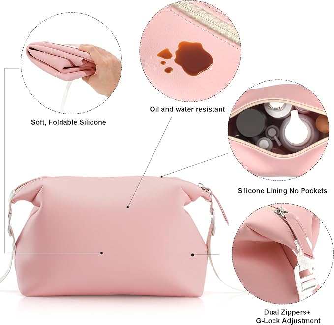Vomgomfom 6L 13 Inch Silicone Toiletry Bag, Waterproof Leakproof Travel Cosmetic Organizer, Adjustable G-Buckle Compression Dopp Kit, Foldable Makeup Bag for Women & Men (Pink, 13" 6L) - Image 7