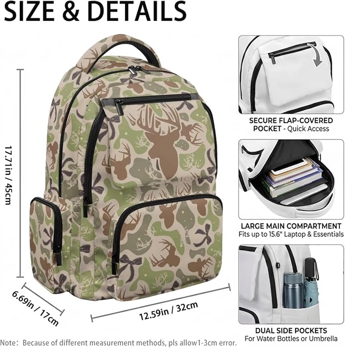 Deer Bow Camo Kids School Backpack Set 4Pcs, with Lunch Pouch | Pencil Case and Water Bottle Holder, Lightweight 600D Fabric, for Middle High School Students Daily Use - Image 4
