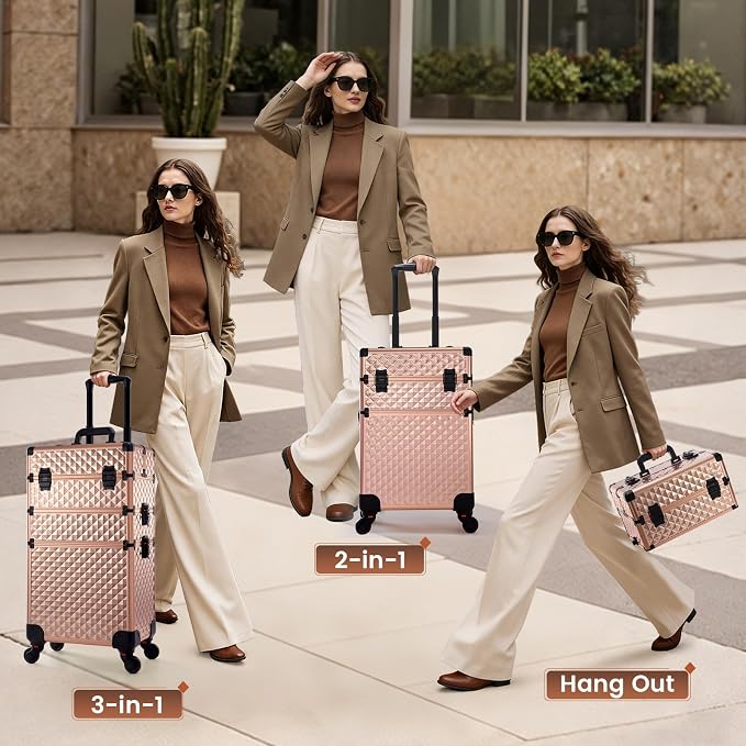 Frenessa Rolling Makeup Train Case 3 in 1 Professional Cosmetic Trolley Large Storage with keys Swivel Wheels Salon Barber Case Traveling Cart Trunk for Make Up Nail Tech - Vintage Rose Gold | Cosmetic Trolley Large Storage with Keys 360° Swivel Salon ... - Image 4