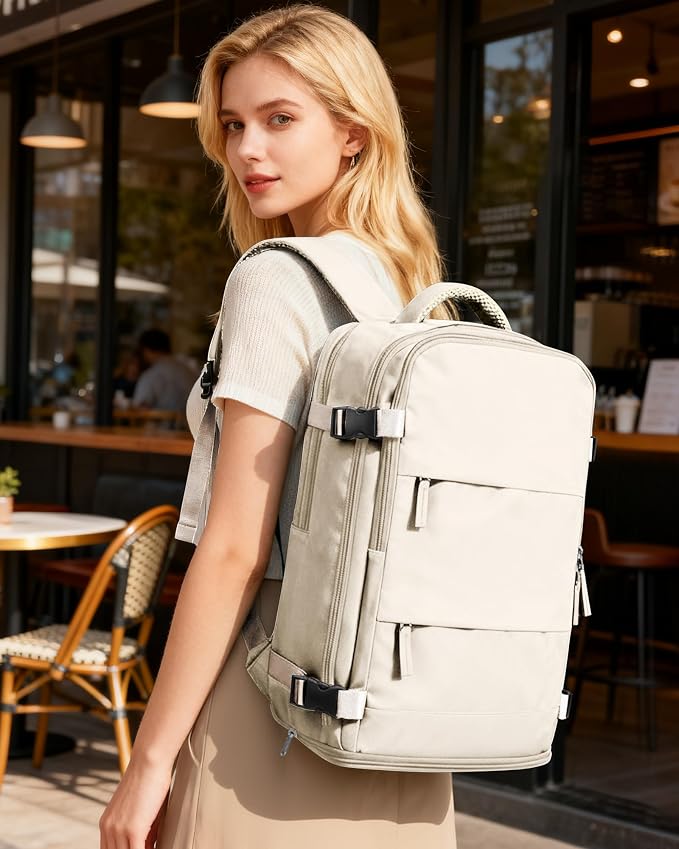 coofay Beige Travel Backpack For Women Men Airline Approved Personal Item Carry On Flight Approved Waterproof Backpack For Traveling On Airplane Weekender Travel Bag - Image 2