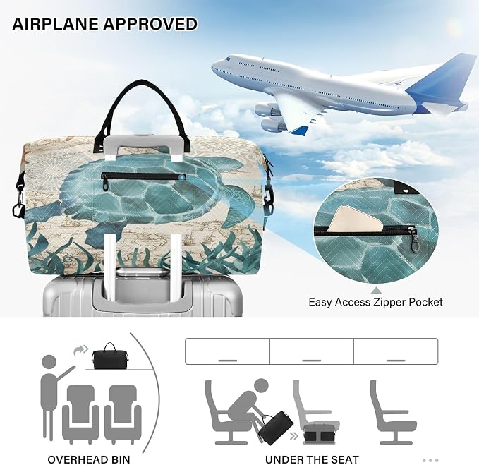 Weekender Bags Travel Duffel Gym Bag Carry on Overnight Tote Bag with Toiletry Bag for Airplane Travel Trip Gym Yoga (Sea Lives Turtle Coral) - Image 5