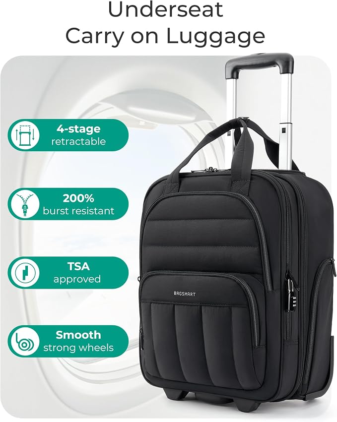 BAGSMART Small Underseat Carry on Luggage with Wheels, 16 inch Small Under Seat Luggage, Lightweight Travel Suitcase for Women, Classic - Image 3