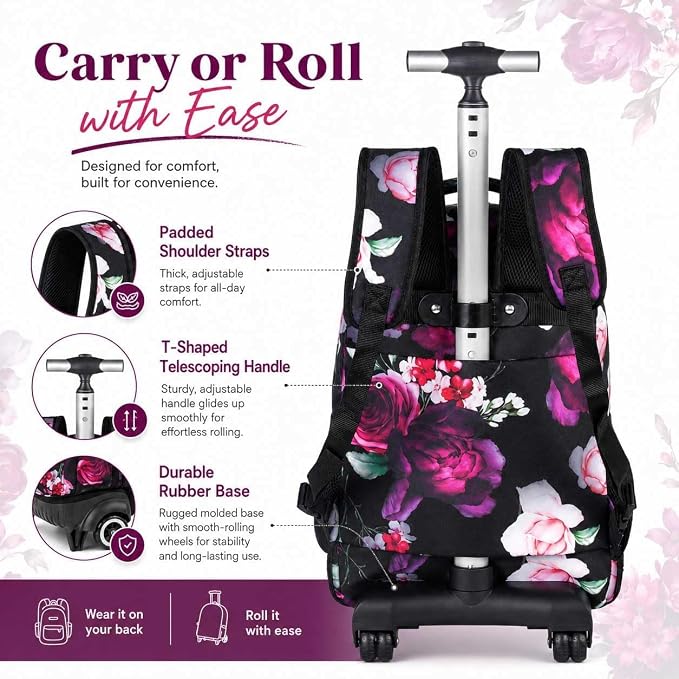 3Pcs Rolling Backpack for Girls, 19 Inche Rose Roller Bag with Wheels, Adults Wheeled Bookbag Set for Women(Black) - Image 5
