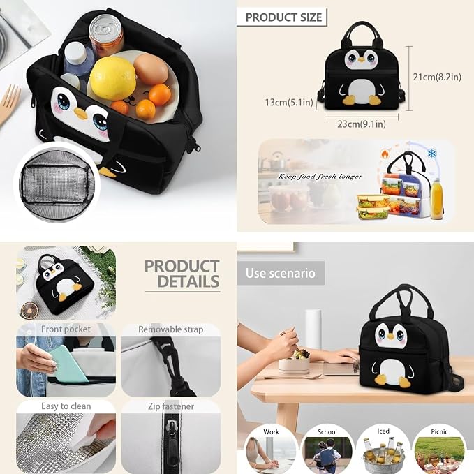 Penguin Print Backpack for Kids 4 Pieces School Backpack with Insulated Lunch Bag with Pencil Case Water Bottle Carrier for 4-6 Years - Image 4