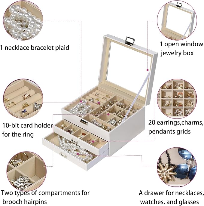BOOVO Clear Lid Jewelry Box,3 Layers Jewelry Organizer Large Jewelry Storage Box with 2 Drawers,Jewelry Holder Organzier of Rings Earrings Necklace Bracelets for Women (White, 3 Layer) - Image 3
