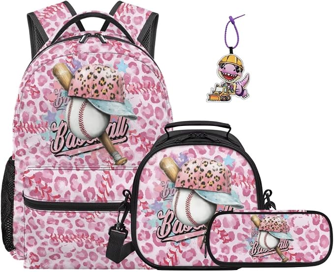Pink Leopard Baseball Cap Backpack Set, Lightweight School Bag with Insulated Lunch Bag & Pencil Case and Dinosaur Charm for Girls Kids Sports School 17 Inch Casual Daypack by Dremagia