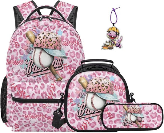 Pink Leopard Baseball Cap Backpack Set, Lightweight School Bag with Insulated Lunch Bag & Pencil Case and Dinosaur Charm for Girls Kids Sports School 17 Inch Casual Daypack by Dremagia