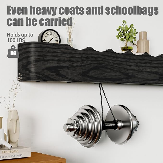 Coat Rack Wall Mount with Shelf 8 Hidden Hooks Modern Wooden Key Holder Entryway Organizer for Hallway Bedroom Bathroom Home Decor Storage for Hanging Coats Hats Bags Towels, Wave-Shape Black - Image 7