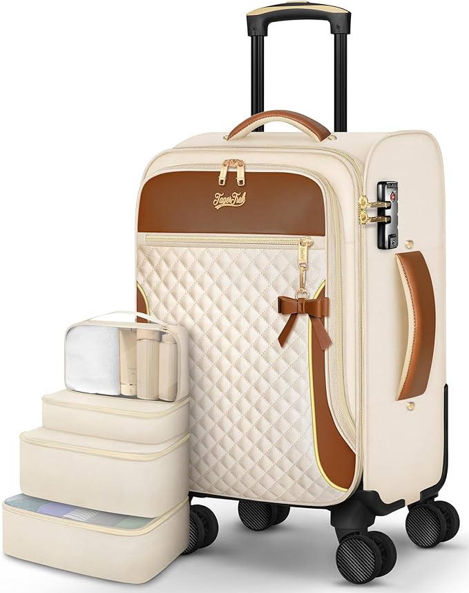 22x14x9 Airline Approved, 20" Softside Suitcase for Travel | Carry On Luggage ,4 packing cubes, Lightweight for Women Men, TSA Lock, 4 Spinner Wheels,Beige by TagerTrek