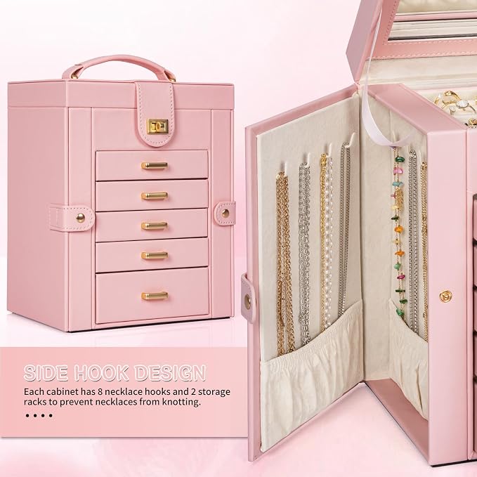 AKOZLIN 6-Tier Jewelry Box Organizer Functional 5 Drawers Leather Jewelry Storage Case for Women Girls Ring Necklace Earring Bracelet Holder Organizer with Mirror Light Pink Regular - Image 6