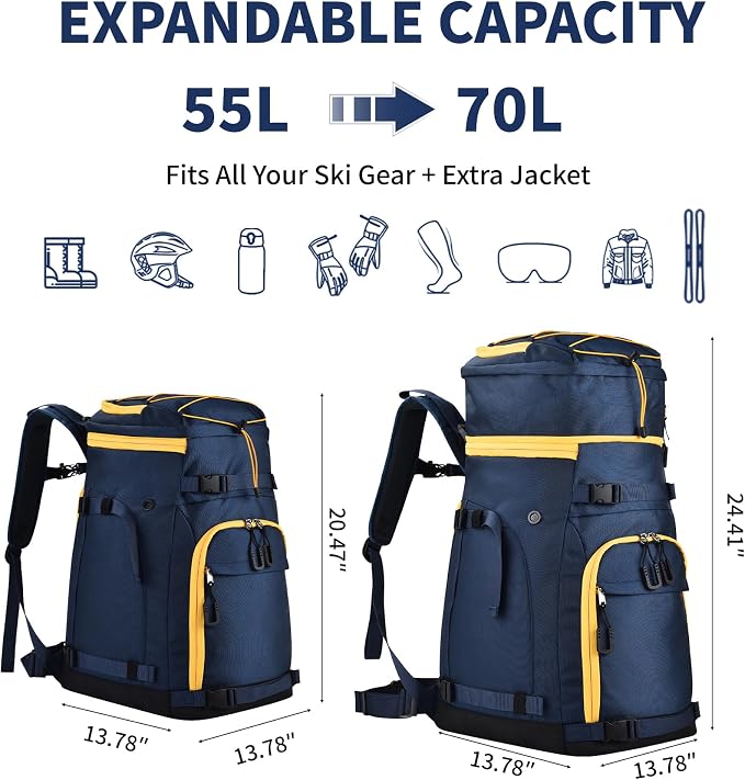 55L-70L Expandable Ski Boot Bag – Waterproof, Durable with Helmet Compartment – Ideal for Ski & Snowboard Gear – Men & Women - Image 2