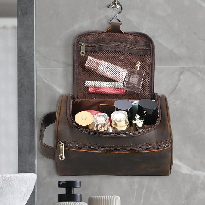 TIDING Mens Leather Hanging Toiletry Bag Travel Shaving Kit Portable Makeup Cosmetic Organizer Wash Case - Image 2