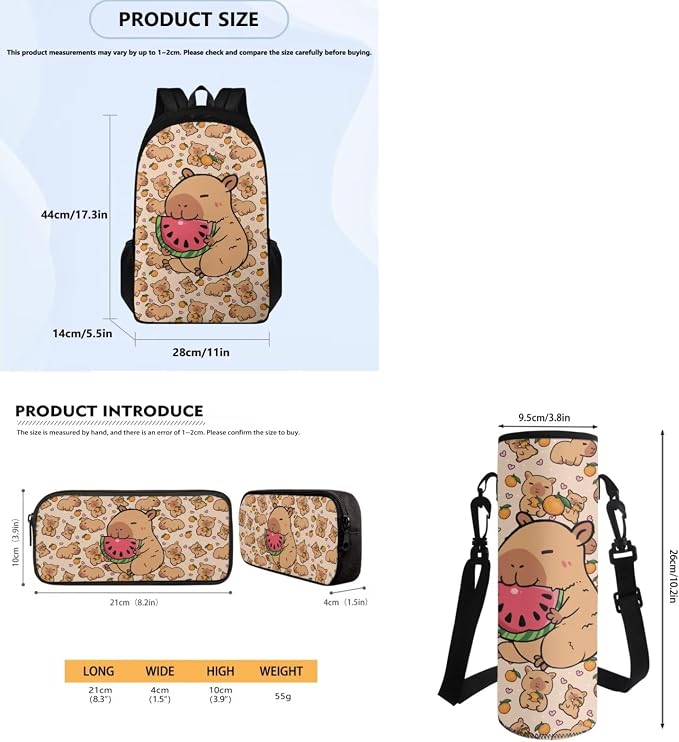 Capybara Watermelon Backpack Set for Girls Include Insulated Lunch Bag and Pencil Box and Water Bottle Bag, Kids 4 Pcs School Bookbag Outdoor Travel Bags Casual Daypack - Image 7