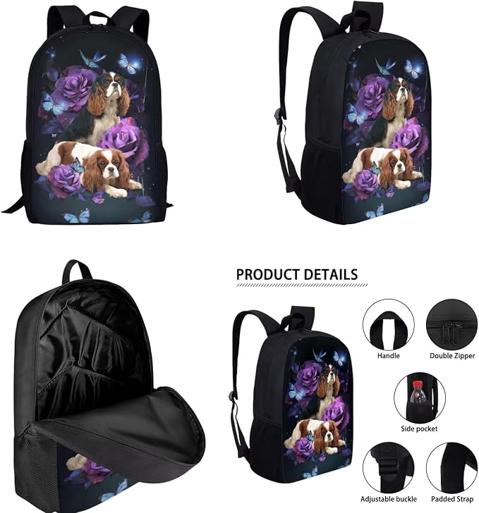 Cavalier King Charles Spaniel Dog Backpack with Lunch Box Kids Girls 6-8 Kids Elementary School Bookbag Lunch Bag Pencil Case Water Bottle Holder Butterfly Rose Back Pack Toodler Back Pack - Image 2