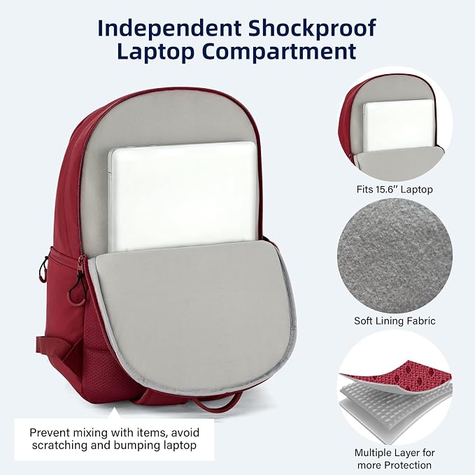 HanTrip Carry On Travel Backpack For Women, 18 Inch Water Resistant Large Backpack Lightweight Bookbag For Men, 8x14x18 Personal Item Bag Casual Daypack Backpacks For Work Office Commuter (Burgundy) - Image 4