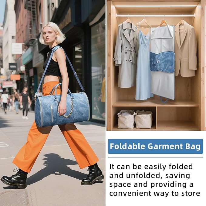 Garment Duffle Bag for Travel, Convertible 20.5×10×12.5 Inch Carry On Garment Bag for Women, Foldable Travel Bags with Shoe Compartment & Toiletry Pocket for Business Trip, Vacation, Blue - Image 7