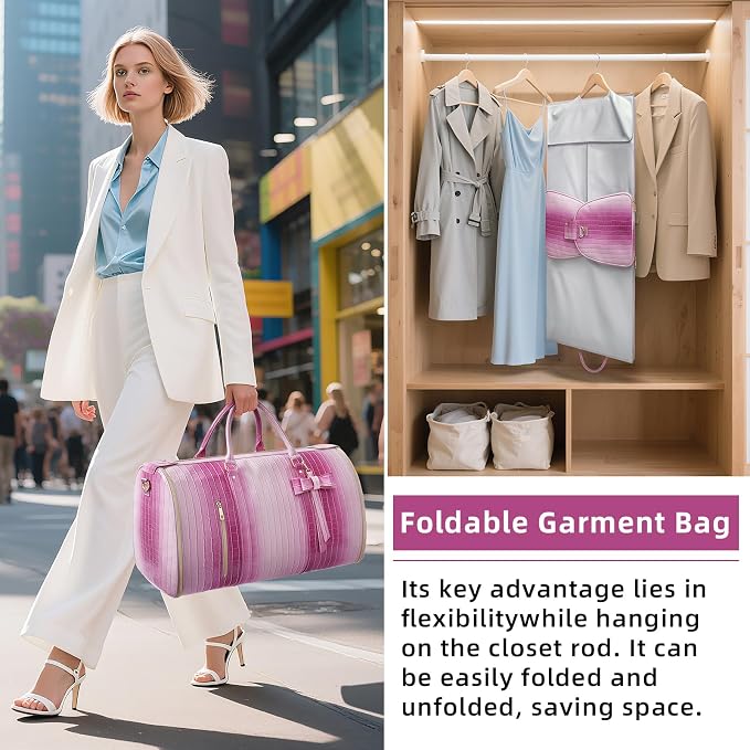 Convertible Garment Duffle Bag for Women, Foldable 2-in-1 Carry On Travel Bag with Shoe Compartment & Toiletry Pocket, PU Leather Stylish Garment Bags for Business Trip, Vacation, Pink-White - Image 7