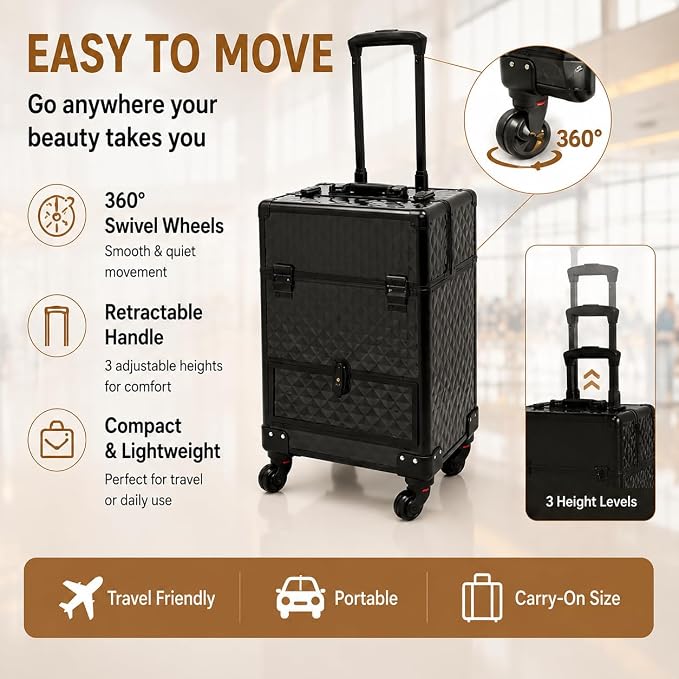 Rolling Makeup Case Cosmetic Train Cases 4 Tray with Sliding Rail Rolling Makeup Cart Cosmetic Trolley 3 Tier Travel Case Salon Barber Case for Makeup Tattooist Nail Tech Hairstylists - Image 5