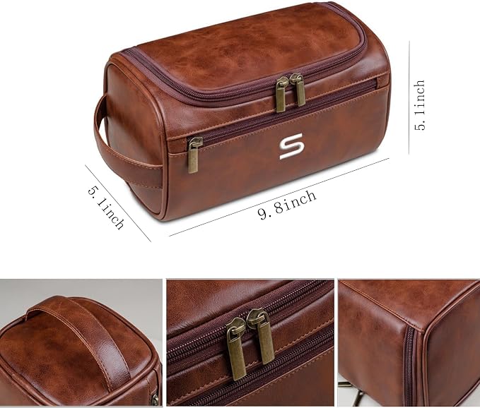GOPHIE Personalized Embroidered Men's Leather Toiletry Bag,Travel Toiletry Bag for Men,PU Leather Waterproof Travel Shaving Dopp Kit (1, Dark Brown) - Image 2