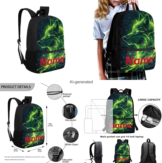 Galaxy Wolf Customized Backpack for Girls Boys Backpack with Lunch Box Water Bottle Carrier and Pencil Pouch 4PCS Set Bookbag with Front Pocket for School 17 inch Sturdy School Bag for Kids - Image 3