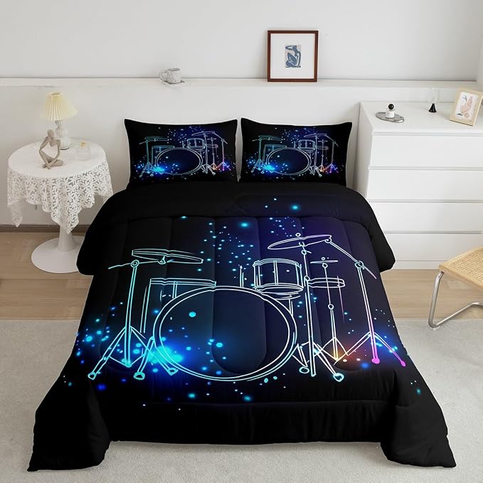 Erosebridal Teens Drum Kit Bedding Set, Kids Boys Hip Hop Comforter Set, Rock Music Theme Quilted Duvet Grunge Style Lightweight Down Comforter for Youth Teenage Bedroom Decor, Blue Bedclothes, Full by Erosebridal