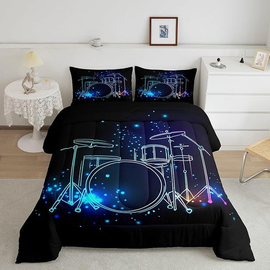 Erosebridal Teens Drum Kit Bedding Set, Kids Boys Hip Hop Comforter Set, Rock Music Theme Quilted Duvet Grunge Style Lightweight Down Comforter for Youth Teenage Bedroom Decor, Blue Bedclothes, Full by Erosebridal