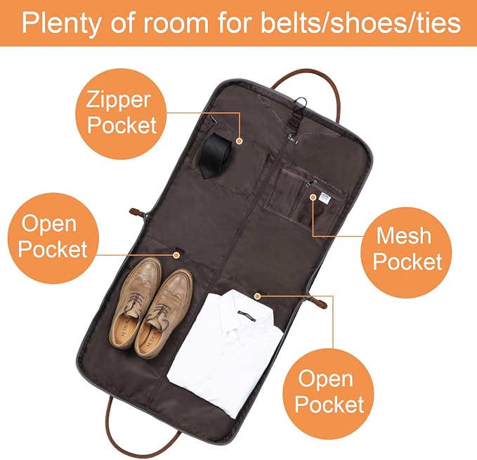 S-ZONE Carry on Garment Bag for Business Travel Canvas Leather Men Suit Cover | Leather Handle Straps, Multi-Pocket, Removable Shoulder strap, Trolley Sleeve, for Gym or Daily Use - Image 3