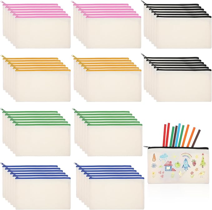 60 Pcs Canvas Bag with Zipper, Blank DIY Craft Bulk Canvas Bags for Makeup Cosmetics Toiletry, Multipurpose Pencil Pouch Bulk for Organizing & Gifting by Unknown