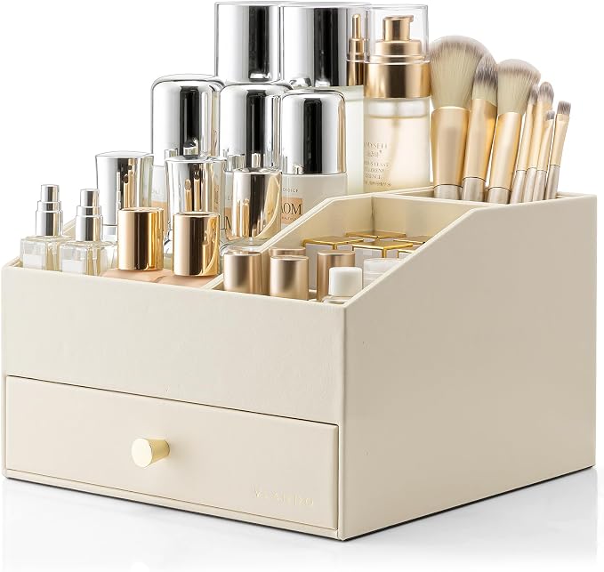 VLANDO Makeup Organizer,Vanity Organizer with Drawers, PU Leather Skincare Organizer Perfume Organizer,Large Cosmetic Display Case for Lipstick,Brushes Gifts for Women-Beige by VLANDO