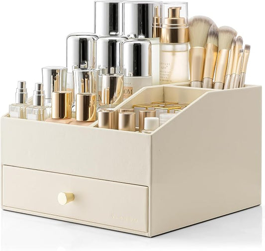 VLANDO Makeup Organizer,Vanity Organizer with Drawers, PU Leather Skincare Organizer Perfume Organizer,Large Cosmetic Display Case for Lipstick,Brushes Gifts for Women-Beige by VLANDO