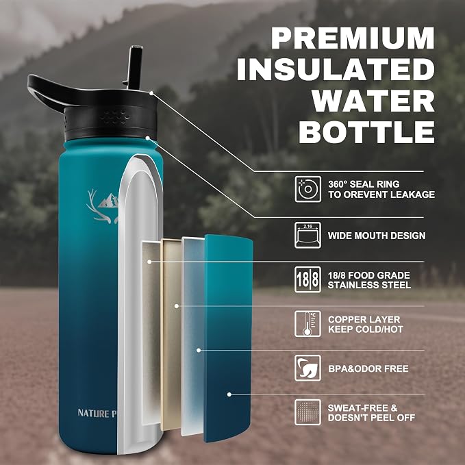 NATURE PIONEOR 24 oz Insulated Water Bottle with Carrier Bag & 3 Lids | 18/8 Food-grade Stainless Steel, Double Vacuum Insulation, 3 Leak-proof Lids, Strap, Camping, Hiking, Gym, Work - Image 2